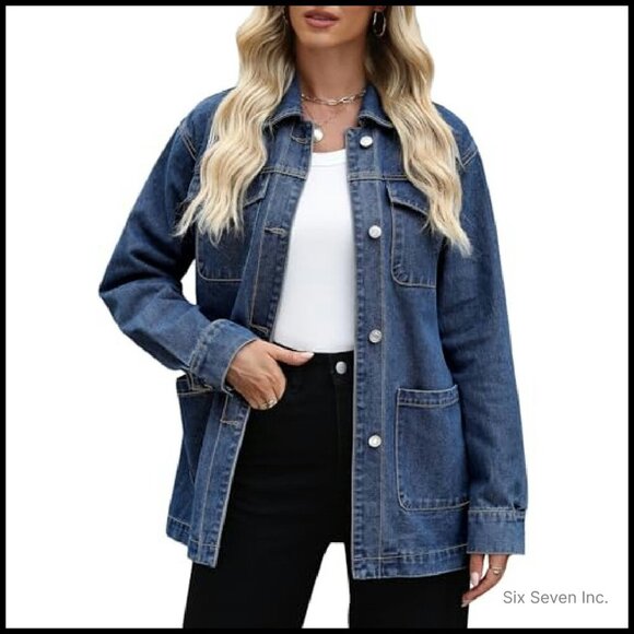 Oversized Denim Jacket Mid Long Classic Trendy With Belt Four Pockets - Picture 5 of 7